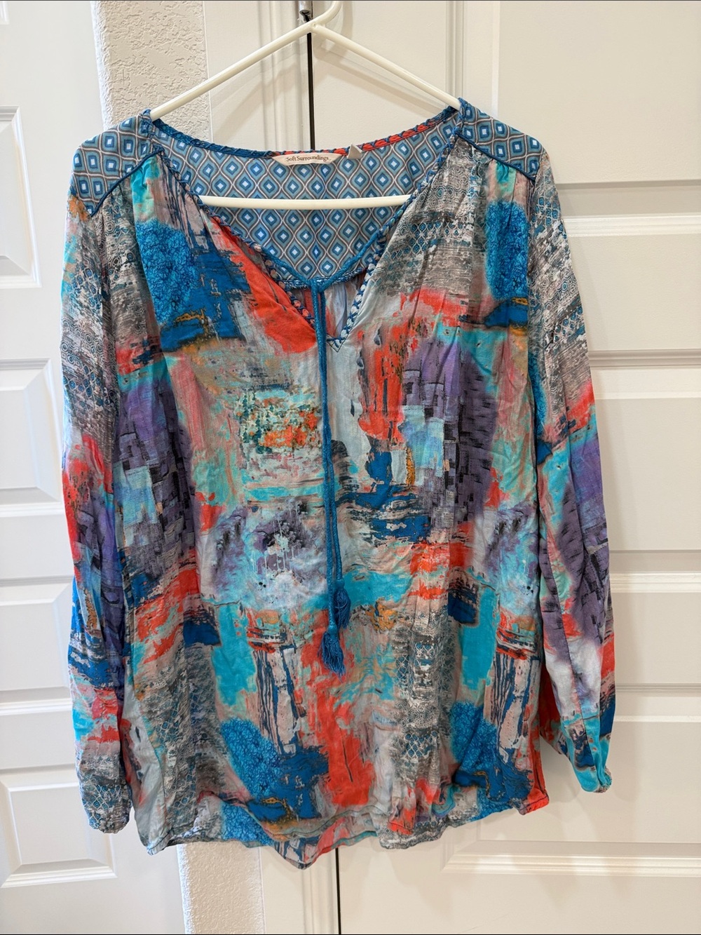 Soft Surroundings Multicolor Abstract V-Neck Tunic - Teal, Coral, Purple